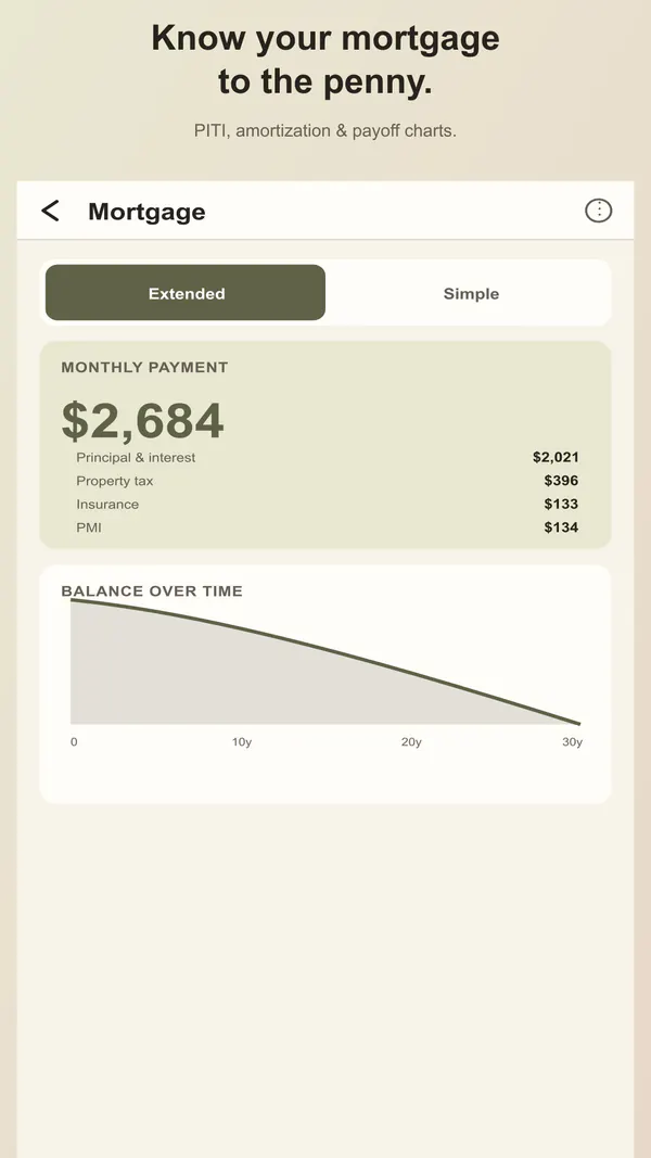 Mortgage calculator on Android showing a monthly payment breakdown and balance chart