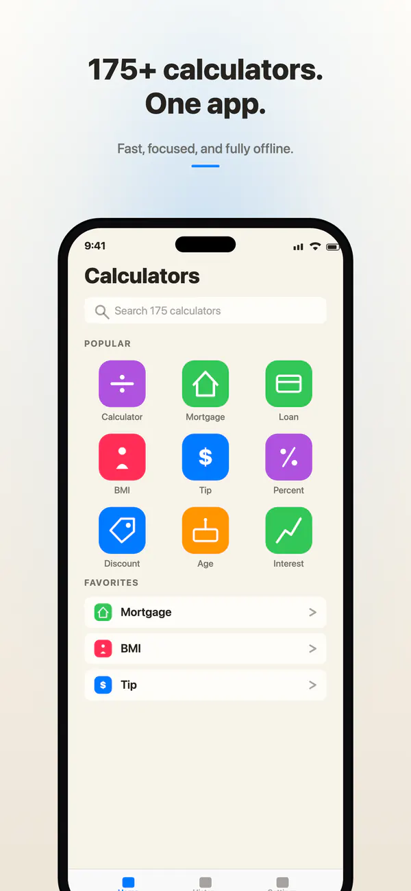 Calculators app home screen on iPhone with search, popular calculators, and favorites