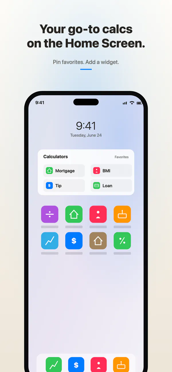 iPhone Home Screen with a Calculators widget containing four favorite calculators