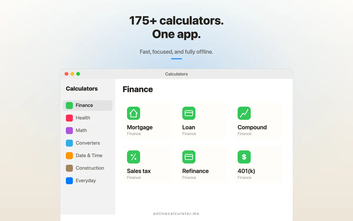 Calculators app on Mac with calculator categories in a sidebar and a finance calculator grid