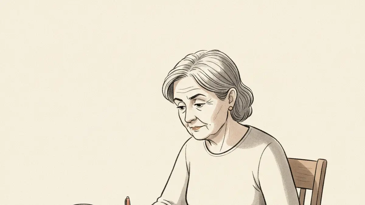 A woman sitting at a kitchen table filling out official paperwork while looking at a pocket calendar.