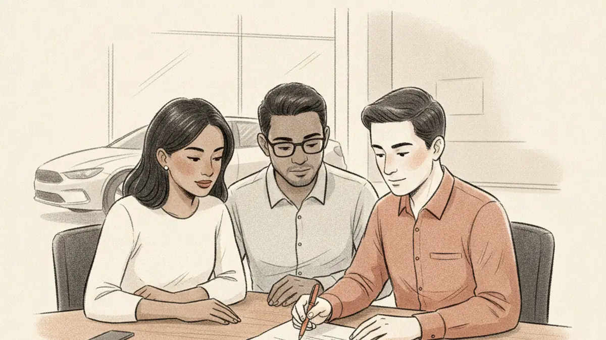 A couple reviewing a contract with a salesperson at a car dealership desk.
