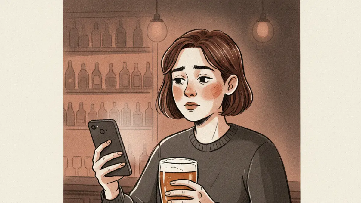 A person at a bar looking confused while holding a smartphone and a pint glass of beer.