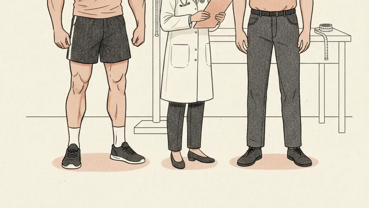 A muscular athlete and an average person of the same height standing together in a medical exam room.
