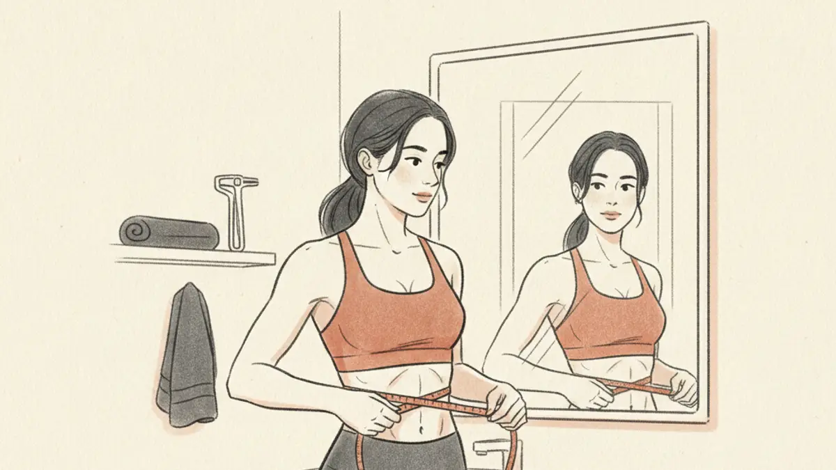 A woman in athletic wear wraps a flexible measuring tape around her waist in a bright bathroom.