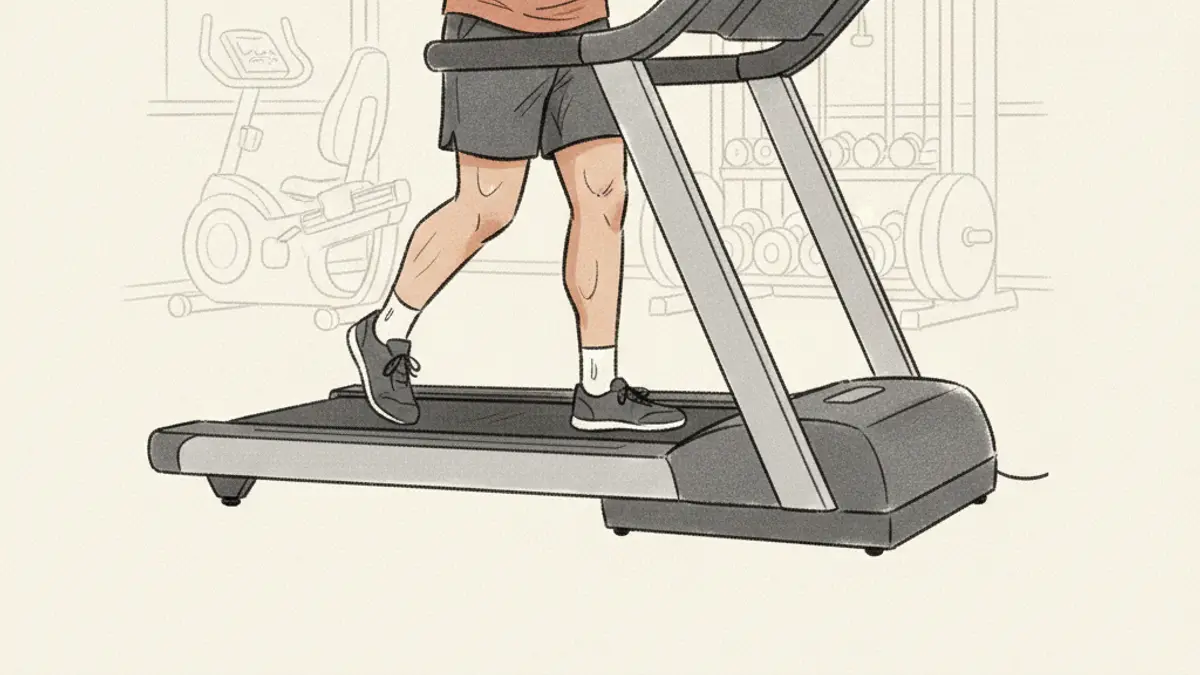 A sweaty runner stepping off a treadmill in a gym and looking at the fitness tracker on their wrist.