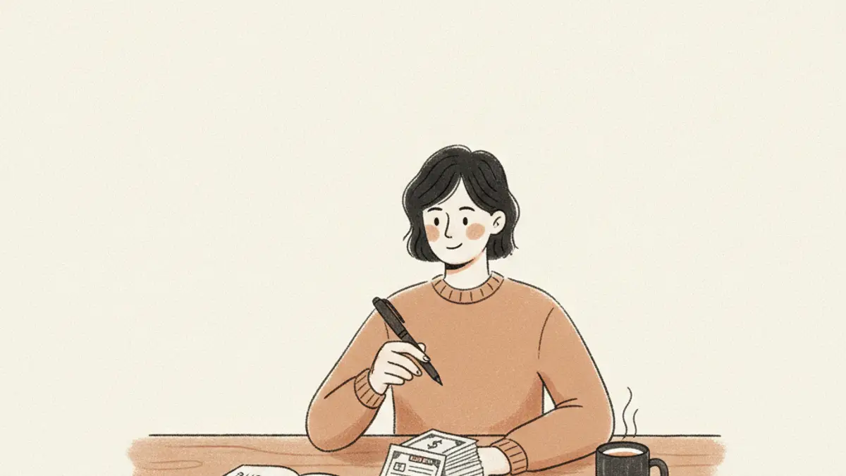 A person sitting at a kitchen table organizing a stack of paper bills and credit cards with a pen.