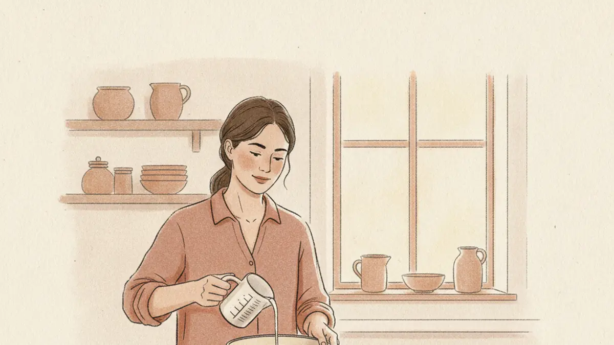 A person at a kitchen counter pouring milk from a measuring cup into a mixing bowl next to scattered flour and a whisk.