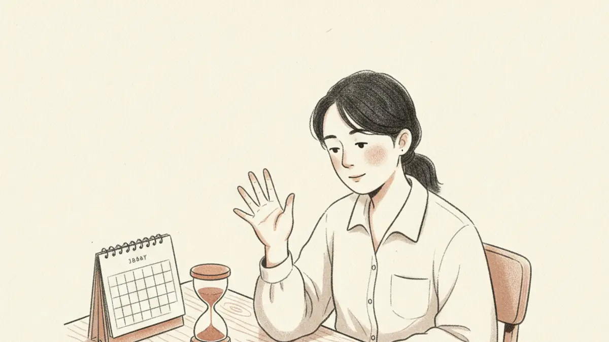 A person sitting at a wooden desk counting on their fingers while looking at a blank grid notebook.
