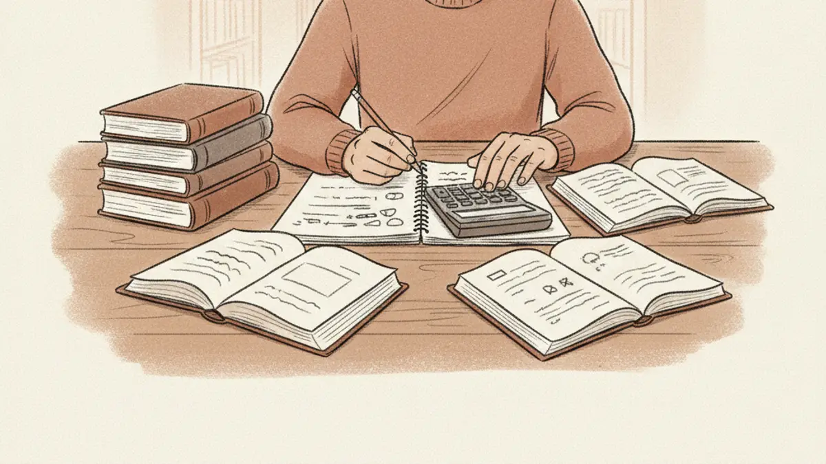 A college student at a library desk uses a calculator alongside open textbooks and notebooks.