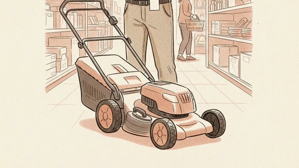 A shopper in a hardware store aisle holds a smartphone and looks at a blank price tag on a new lawnmower.