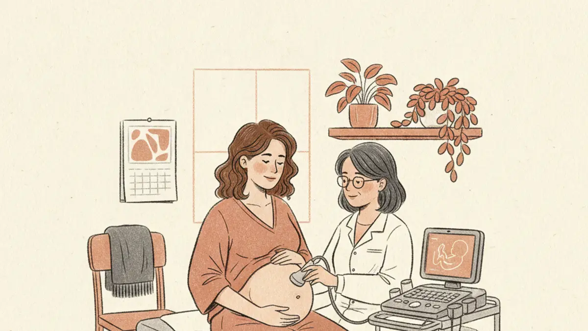 A pregnant woman getting an ultrasound examination from a doctor in a medical clinic.