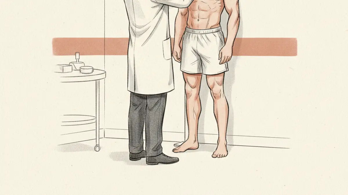 A doctor in a white coat measures the height of a muscular male athlete in a medical exam room.