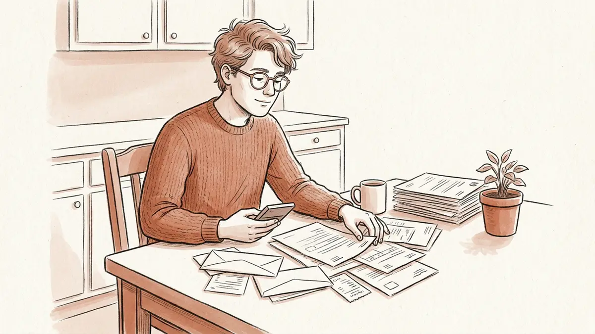 A person at a kitchen table sorting tax forms, receipts and a pay envelope with a calculator.