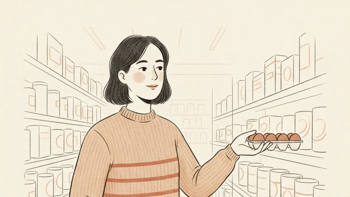A shopper in a grocery store aisle looking thoughtfully at a carton of eggs while holding an open wallet.