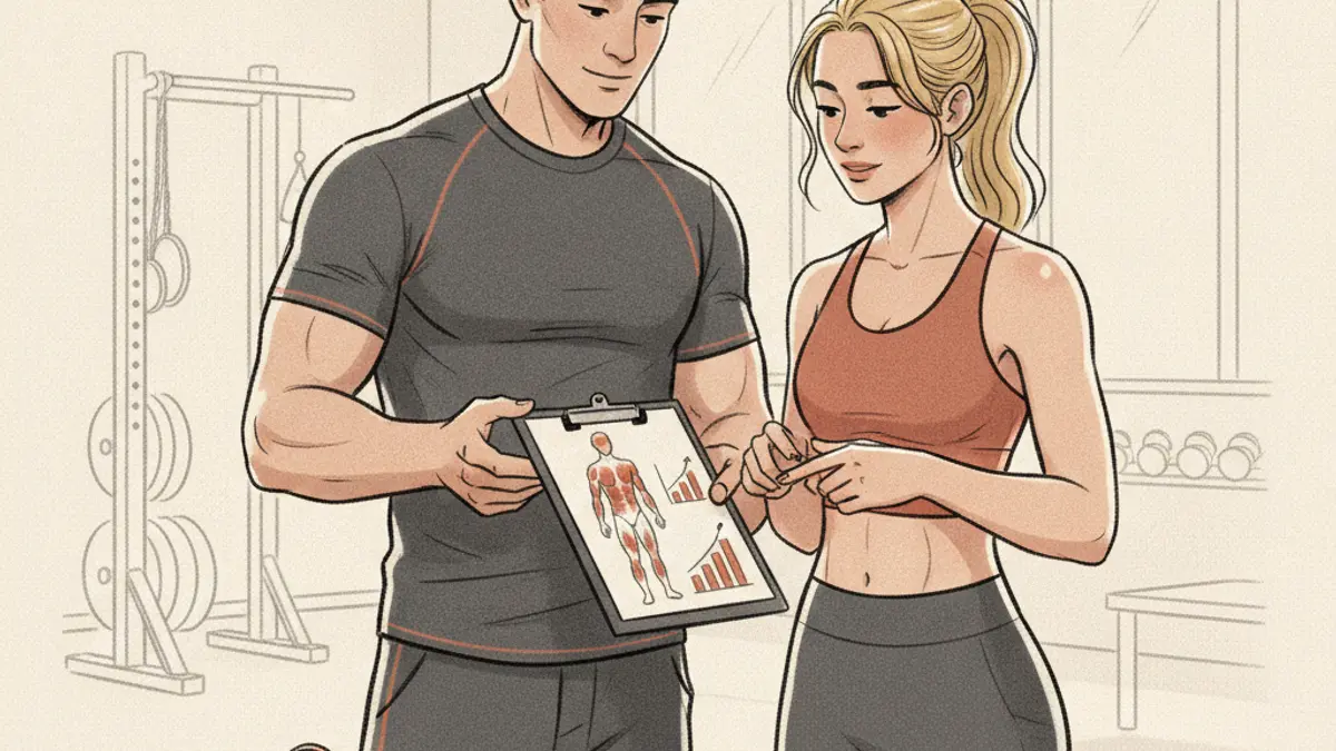 A fitness trainer and a client looking at a clipboard together next to body composition calipers in a bright gym.