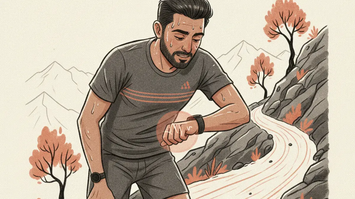 A sweaty runner pausing on a steep dirt trail to check the smartwatch on their wrist.