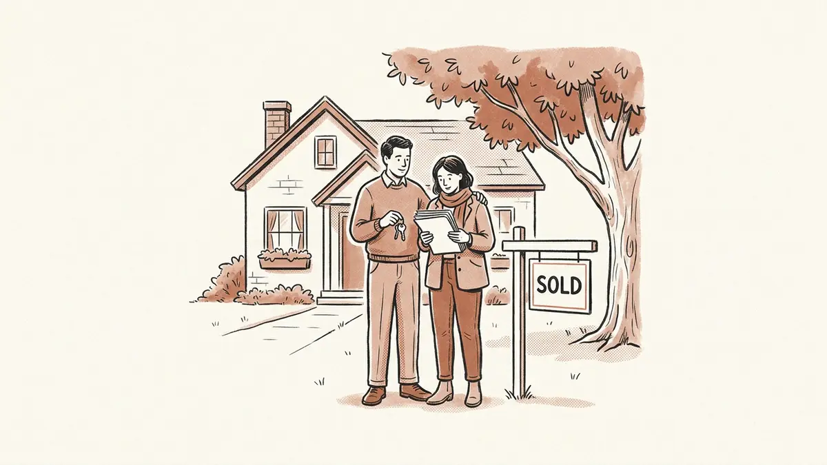 A couple reviewing mortgage paperwork in front of their house, with a SOLD sign in the yard.
