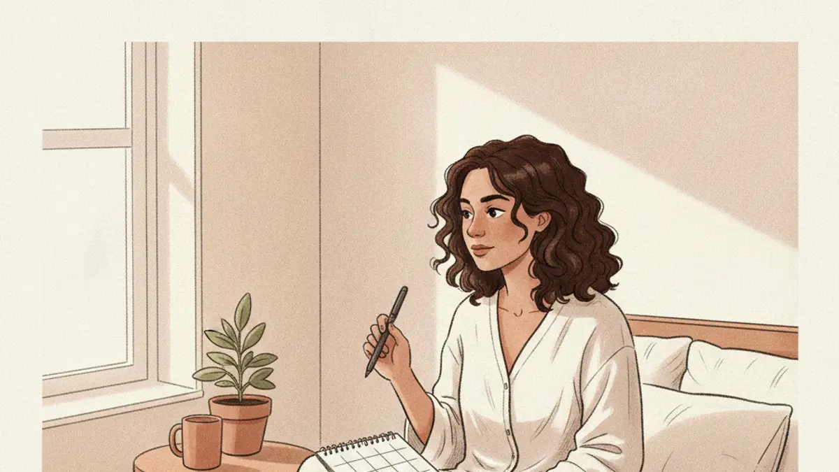 A woman sitting on a bed holding a pen and looking thoughtfully at a blank paper calendar.