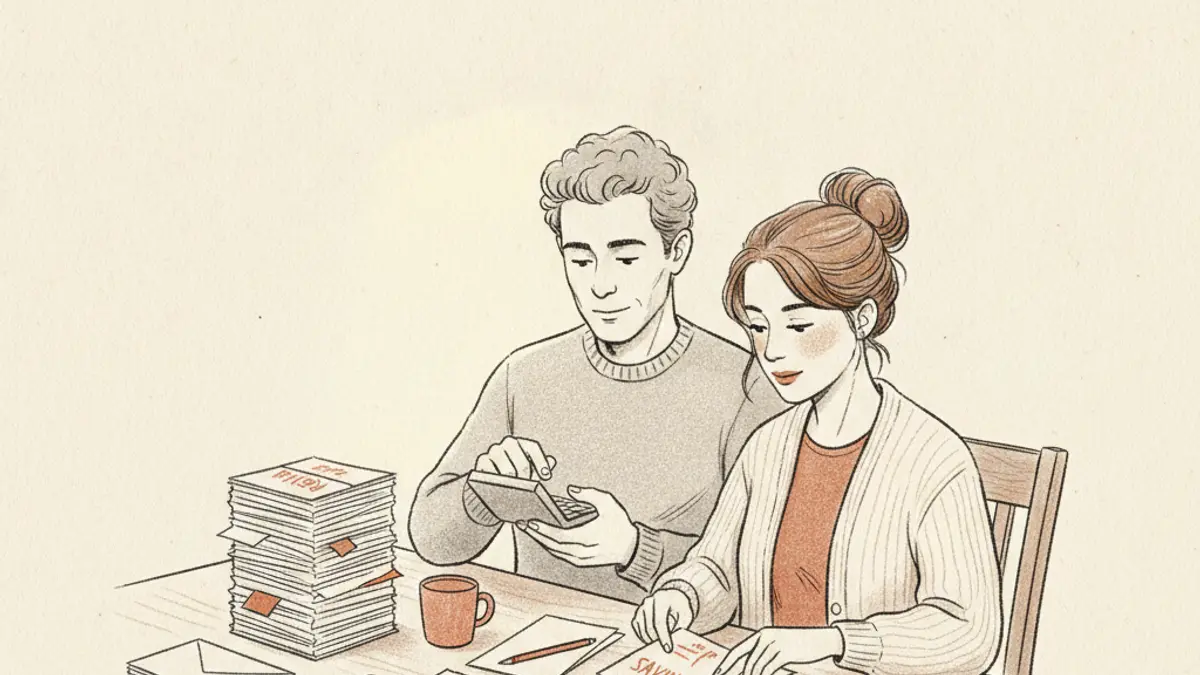 A couple sitting at a dining table organizing paper bills and using a calculator.