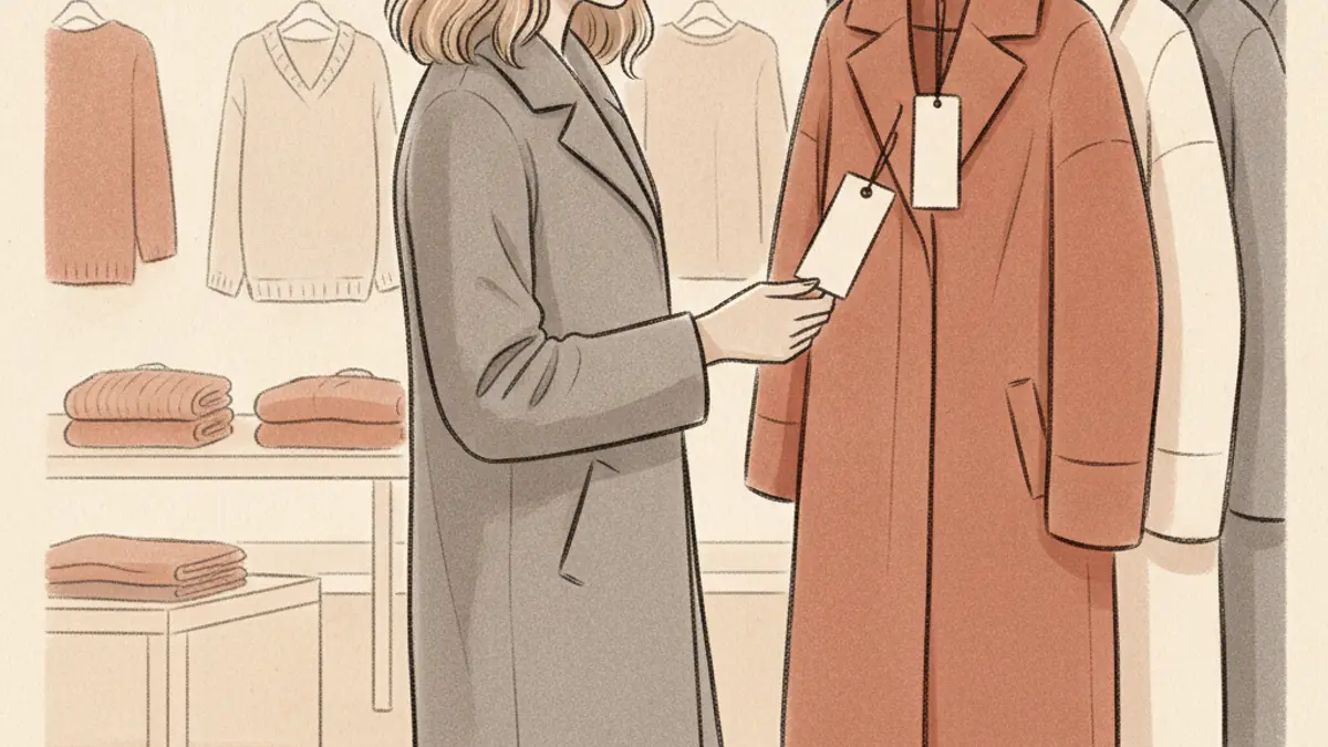 A shopper in a clothing store looking thoughtfully at a winter coat and holding a blank price tag.