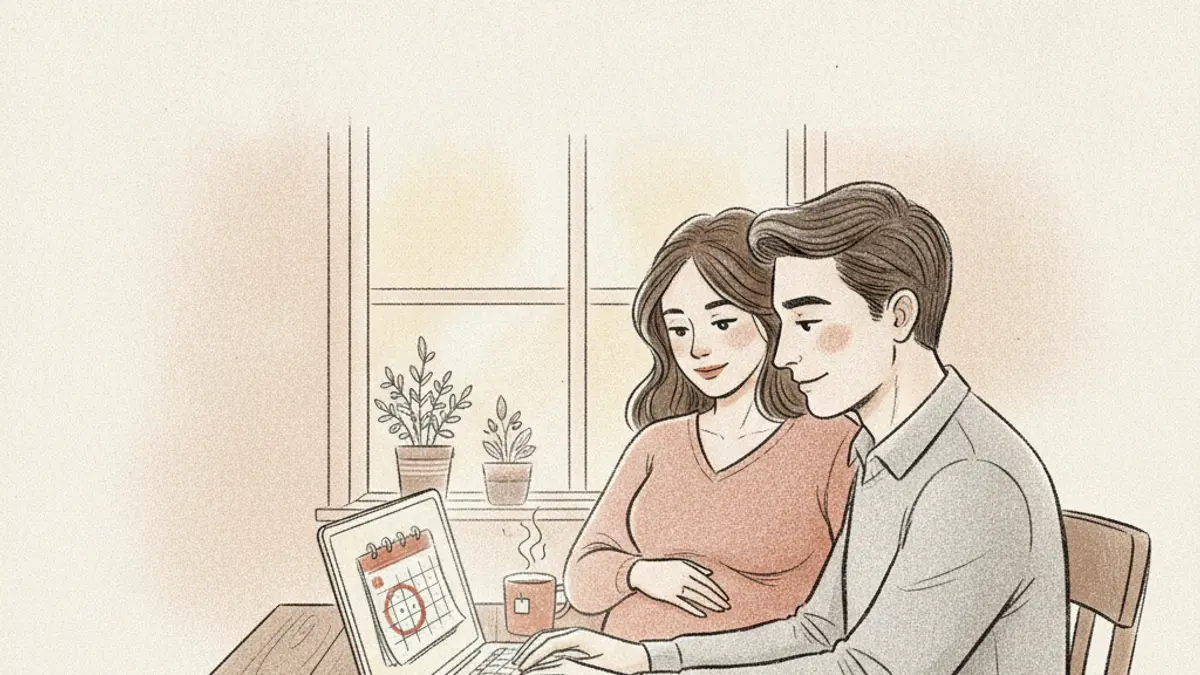 A couple sits at a kitchen table looking at a laptop screen while the woman rests a hand on her pregnant belly.