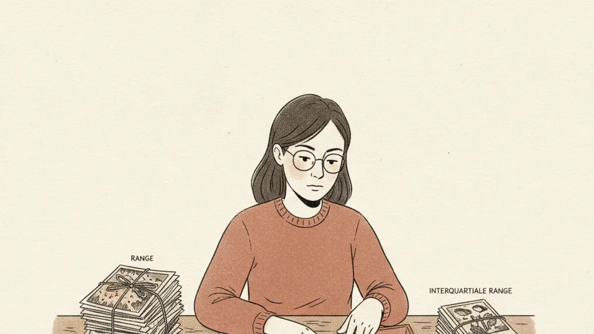 A researcher sitting at a large wooden desk sorting through a scattered pile of printed photographs and field notes.