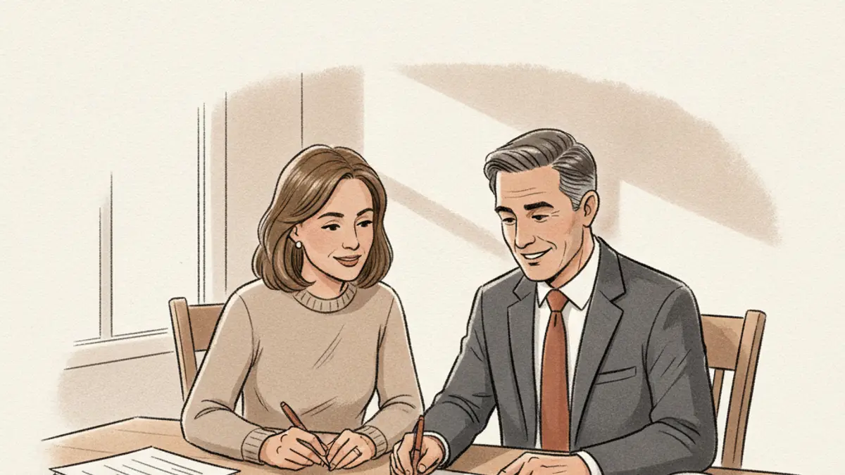 A couple sitting at a dining table reviewing mortgage paperwork with a loan officer.