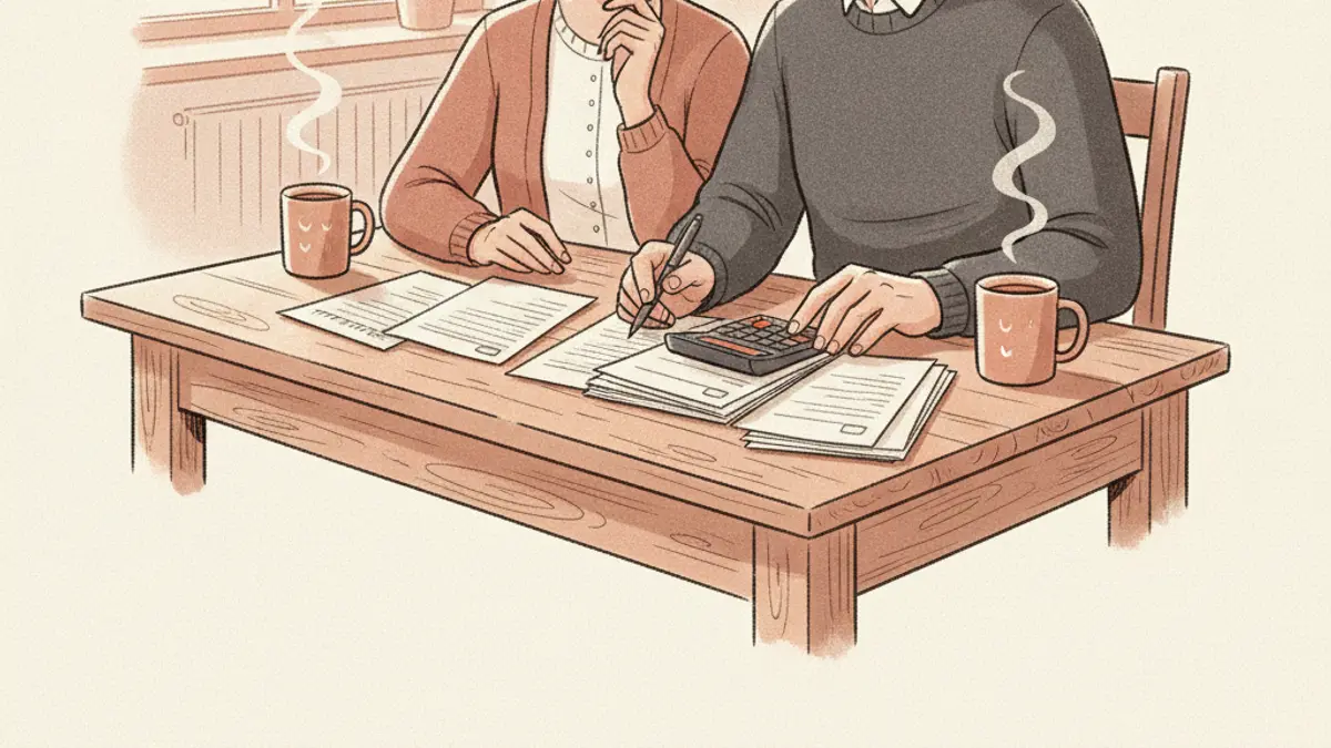 An older couple sitting at a kitchen table reviewing paper bank statements and using a calculator.