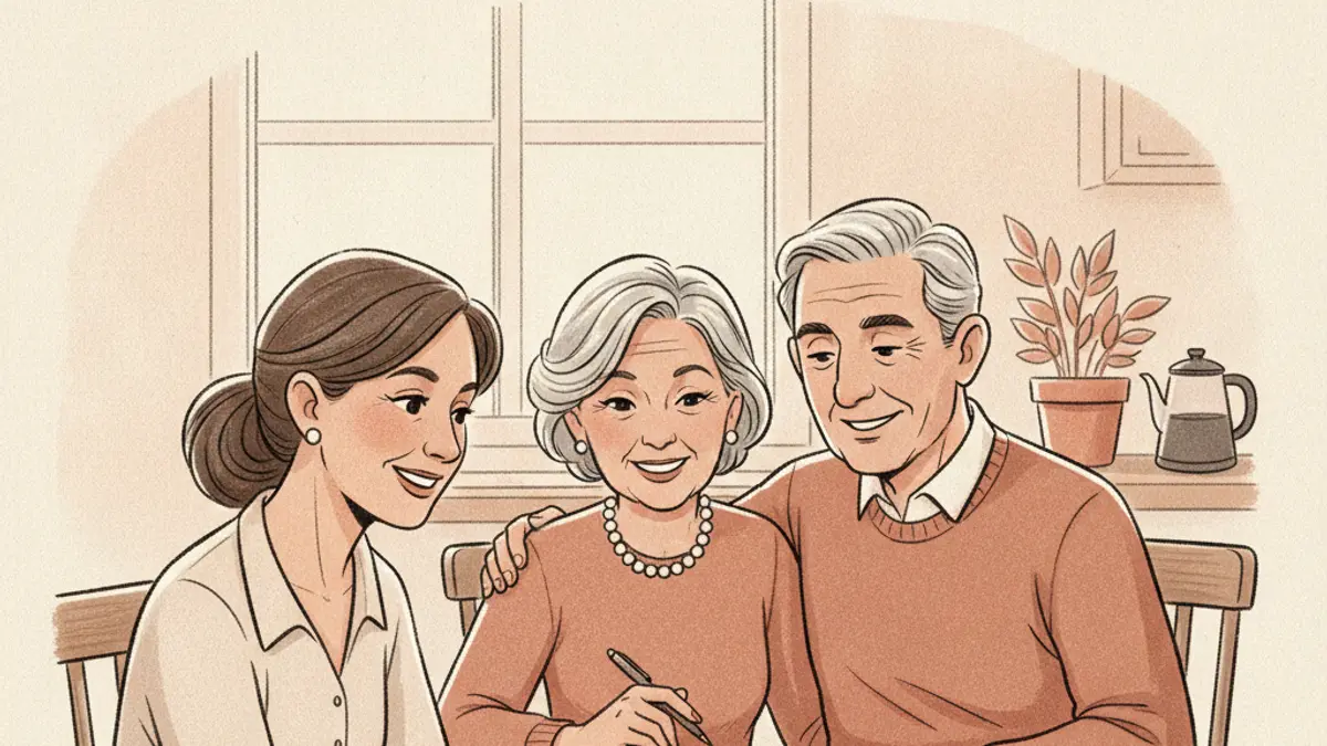 An older couple and a financial advisor sit at a kitchen table reviewing printed financial documents together.