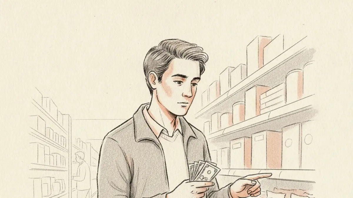 A shopper looking at a shelf price tag while holding cash in a grocery store aisle.