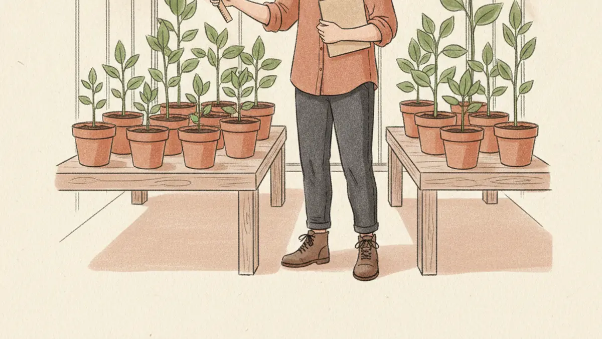 A researcher in a greenhouse measures the heights of various potted plants using a wooden ruler.