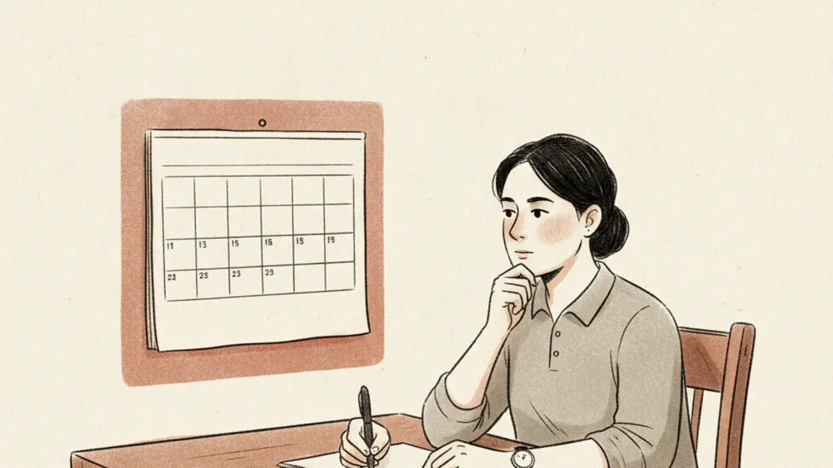 A person sitting at a desk looking at a wall calendar and a mechanical wristwatch next to a blank notepad.