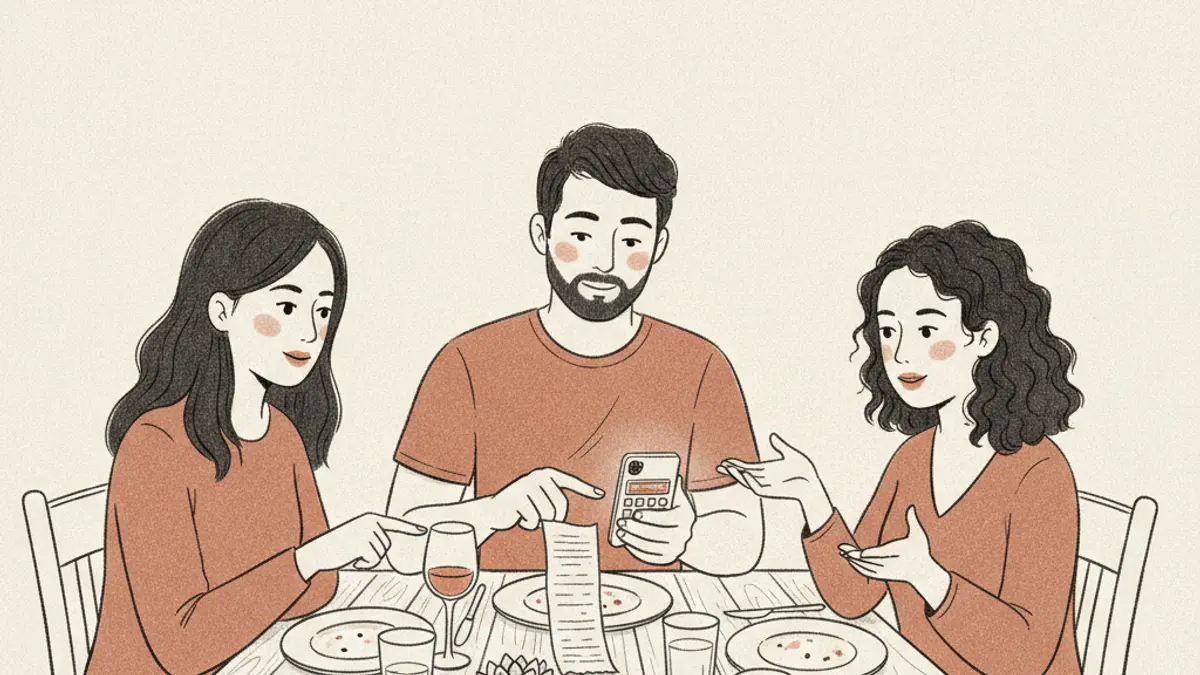 Three friends at a restaurant table looking at a receipt and a smartphone next to empty plates.