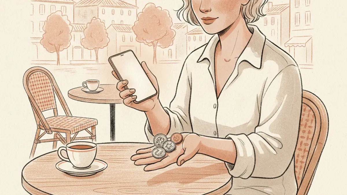 A traveler sitting at an outdoor cafe table looking at a handful of foreign coins and a smartphone.