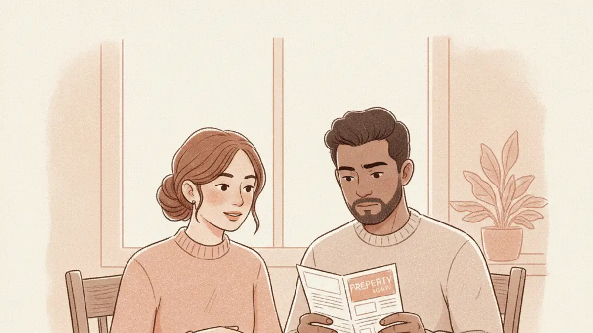 A couple sitting at a dining table looking over printed financial documents and a real estate flyer.