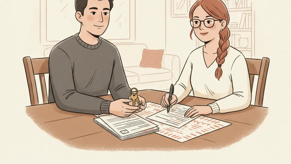 A couple at a dining table reviewing paperwork with a loan officer and holding house keys.