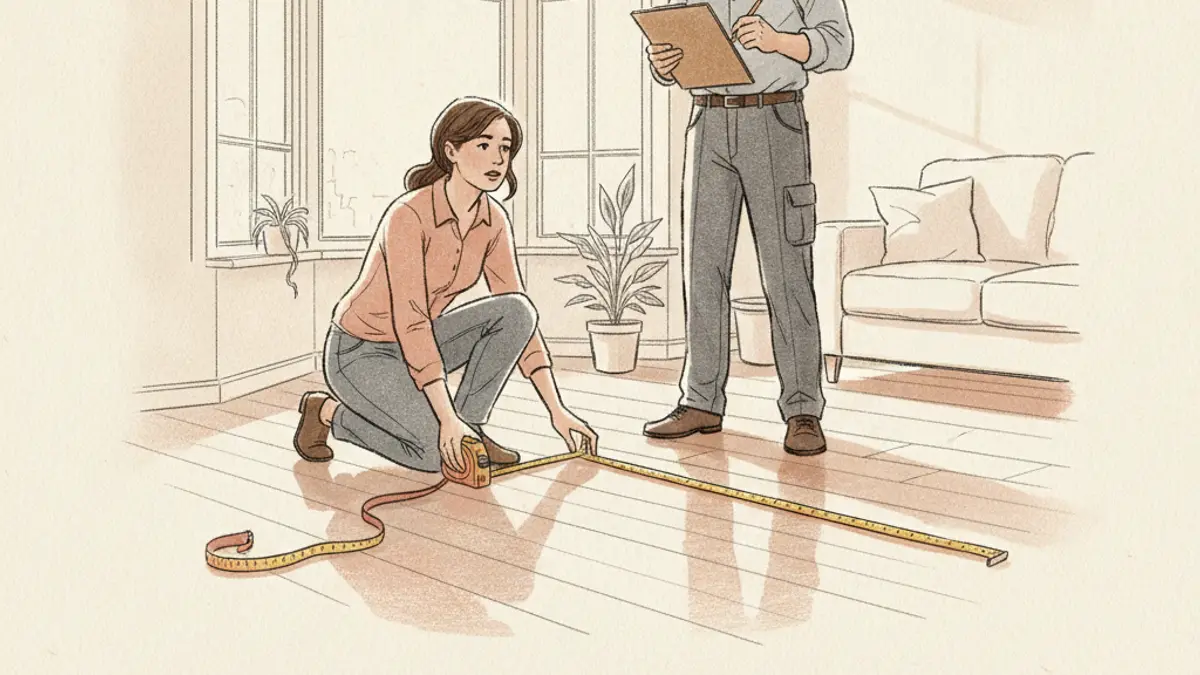 A homeowner kneeling on a hardwood floor using a tape measure near a bay window while a contractor takes notes.