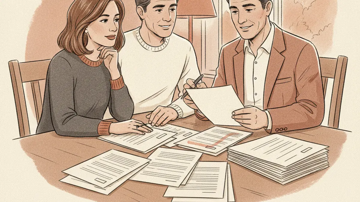A couple and a loan officer sitting at a dining room table reviewing paper loan documents together.