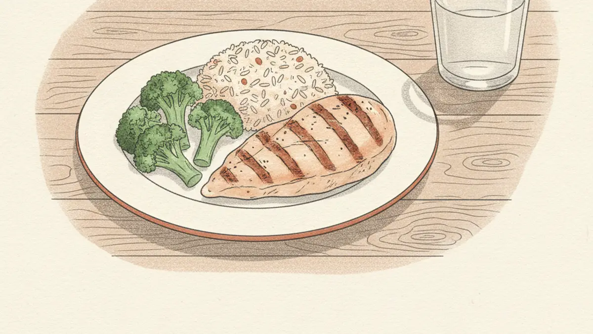 A plate of grilled chicken, brown rice, and steamed broccoli on a wooden kitchen table next to a glass of water.