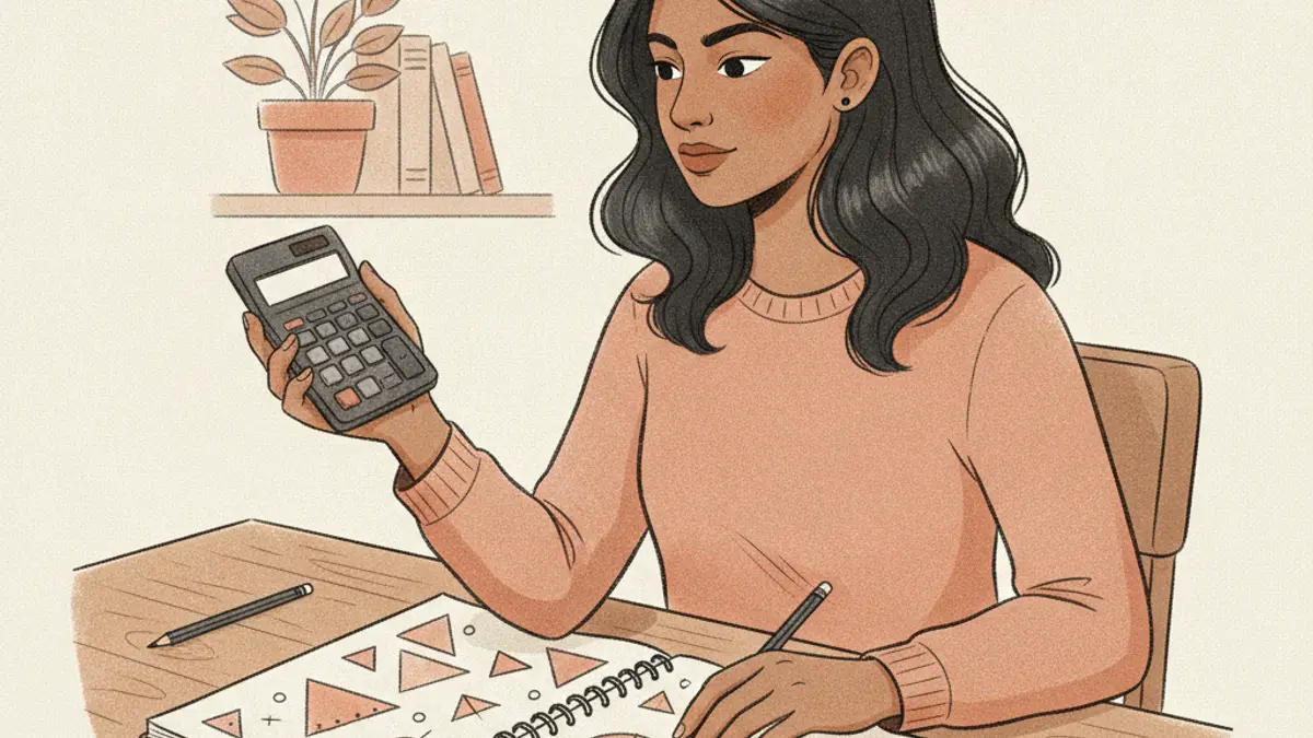 A student sitting at a wooden desk holding a dark grey calculator over a notebook filled with hand-drawn triangles.
